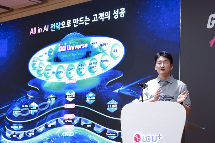 권용현 LG유플러스 기업부문장이 2일 용산사옥에서 열린 기자간담회에서 ‘All in AI’ 전략에 대해 소개하고 있다.   LG유플러스 제공